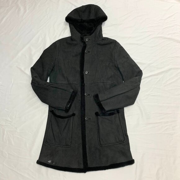 VTG 90s Comme Ça Collection Black Sheepskin Leather Hooded Long Coat Distressed - Picture 3 of 11